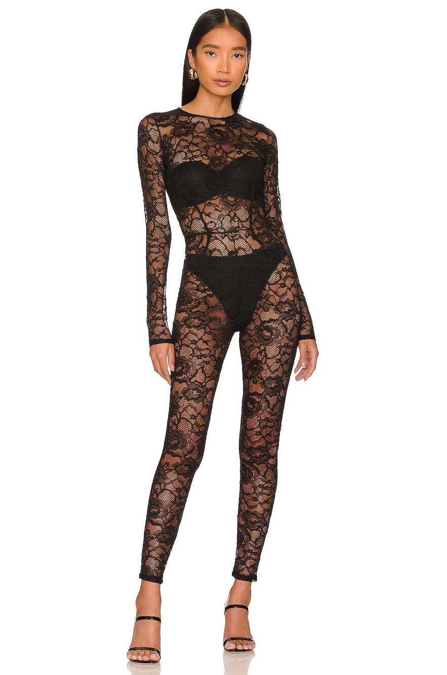 Fleur du mal Floral Lace Catsuit Sheer Long Sleeve Goth Avant Garde Holidays S